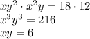 xy^2\cdot x^2y=18\cdot 12\\x^3y^3=216\\xy=6