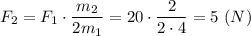 F_2 = F_1\cdot \dfrac{m_2}{2m_1} = 20\cdot \dfrac{2}{2\cdot 4} = 5~(N)