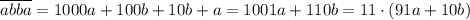 \overline{abba}=1000a+100b+10b+a=1001a+110b=11\cdot(91a+10b)