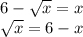 6-\sqrt{x}=x\\\sqrt{x}=6-x\\