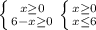 \left \{ {{x\geq 0} \atop {6-x\geq 0}} \right. \left \{ {{x\geq 0} \atop {x\leq 6}} \right.