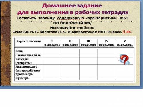 Составить таблицу, содержащую характеристики ЭВМ по поколениям, Используйте учебник: Семакин И. Г.,