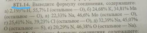 8T1.14. Выведите формулу соединения, содержащего: а) 2,193% Н, 55,7% I (остальное — 0), б) 24,68% K,