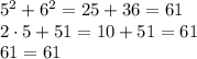 5^2+6^2 = 25+36=61\\2 \cdot{5} + 51 = 10+51 =61\\ 61=61