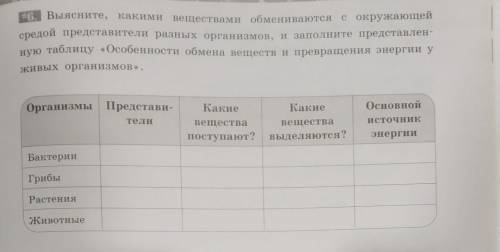 Выясните, какими веществами обмениваются с окружающей средой представители разных организмов, и запо