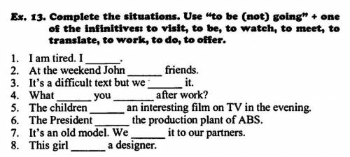 Complete the situations. Use “to be (not) going + one of the infinitives to visit, to be, to watch,