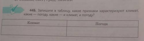 44Б. Запишите в таблицу, какие признаки характеризуют климат, какие — погоду, какие — и климат, и по