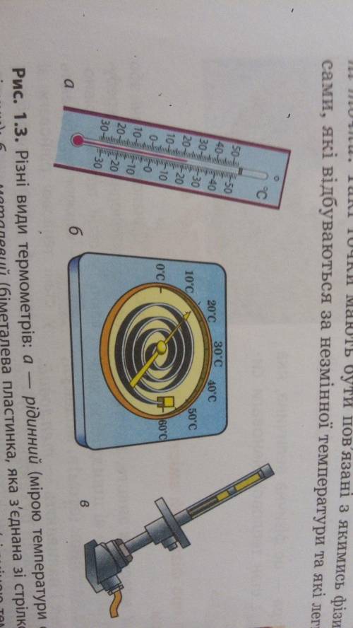 Визначте ціну поділки та покази термометрів на рис 1.3, а, б