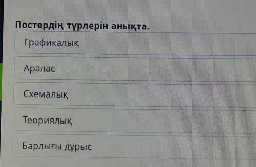 Постердің түрлерін анықта.ГрафикалықАраласСхемалықТеориялықБарлығы дұрыс