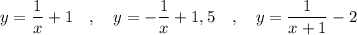 y=\dfrac{1}{x}+1\ \ \ ,\ \ \ y=-\dfrac{1}{x}+1,5\ \ \ ,\ \ \ y=\dfrac{1}{x+1}-2