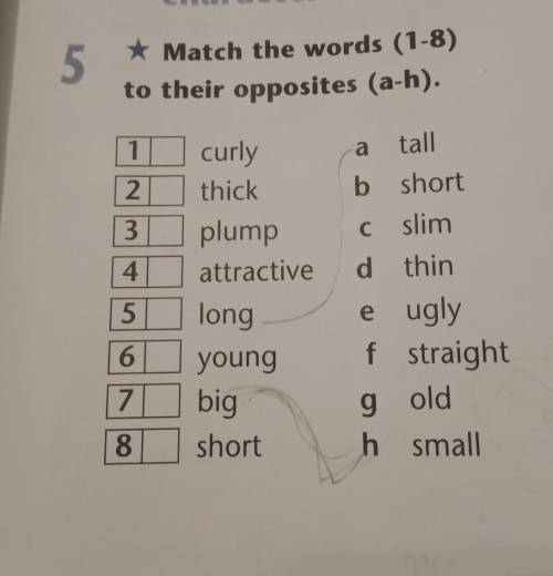 5 Match the words (1-8)to their opposites (a-h).1aWNСcurlythickplumpattractivelongyoungbigshorttallb