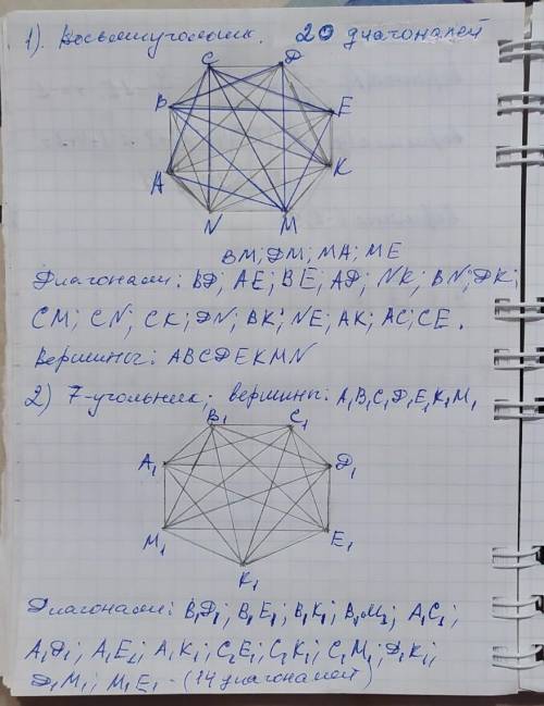 1)начертить 7 и 8 угольник. 2)выписать все их вершины. 3)провести диагональ и написать их число