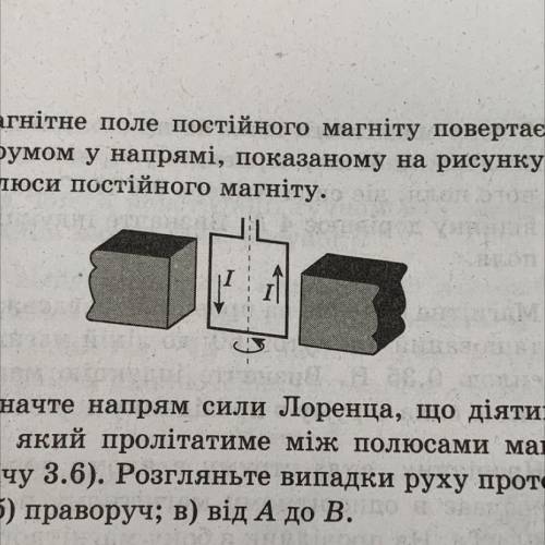 3.12. Магнітне поле постійного магніту повертає рамку зі струмом у напрямі, показаному на рисунку. У