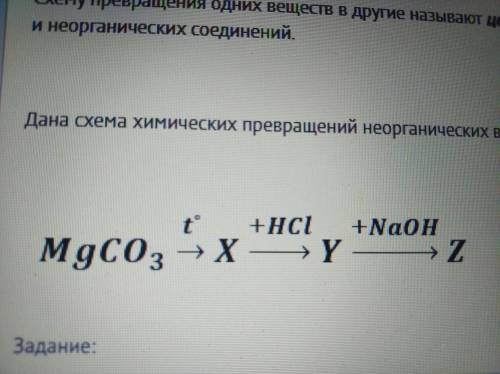 Дана схема химических превращений неорганических веществ. Найдите неизвестные вещества: X, Y, Z, нап