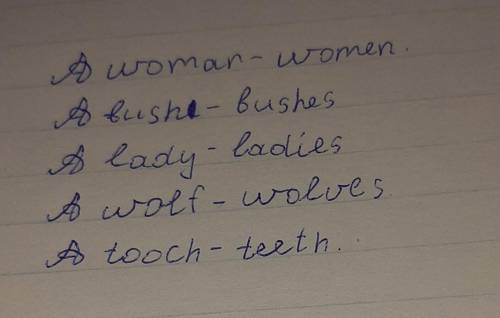 сделайте все 1вариант 1 задание Write the plurels 1)a woman- 2)a bush 3)a lady 4) a wolf 5)a tooch 1