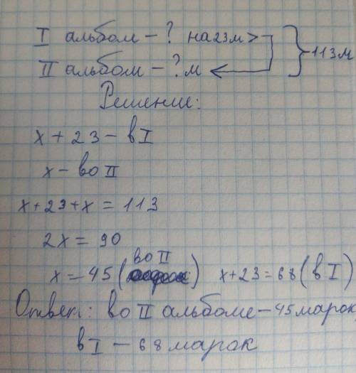 двох альбомах було 113 марок. В першому альбомі було на 23 марки більше, ніж в другому. Скільки маро