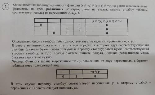 2 Миша заполнял таблицу истинности функции (хлгу) V (x = 2) V-w, но успел заполнить лишь фрагменты и