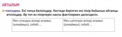 6-тапсырма. Екi топка белiнiндер. Кестеде берiлген екi пiкiр бойынша ойталкы еткiзiндер. Әр топ өз п