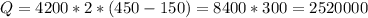 Q = 4200 * 2 * (450 - 150) = 8400 * 300 = 2520000