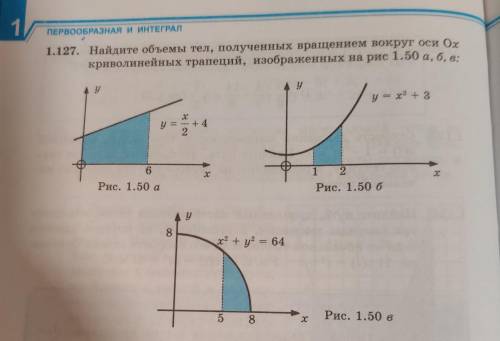 1.127. Найдите объемы тел, полученных вращением вокруг оси Ох криволинейных трапеций, изображенных н