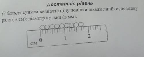 ( ) рисунком визначте ціну поділки шкали лінійки, довжину ряду (в см); діаметр кульки (в мм). 1 2. C