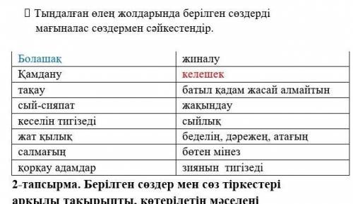 ❖ Тыңдалған өлең жолдарында берілген сөздерді мағыналас сөздермен сәйкестендір. Болашақ жиналуҚамдан