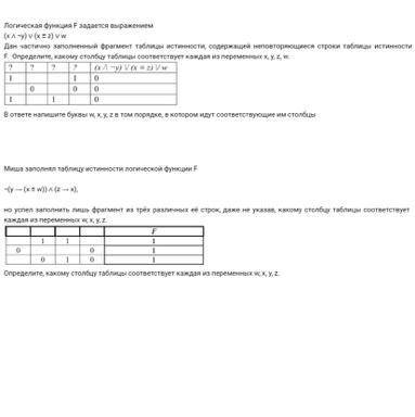 1)Логическая функция F задается выражением (x/\-y) v (x ~ z) v w Дан частично заполненный фрагмент