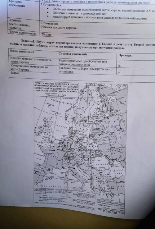 Изучи карту территориальных изменений в Европе в результате Второй мировой войны и заполни таблицу,