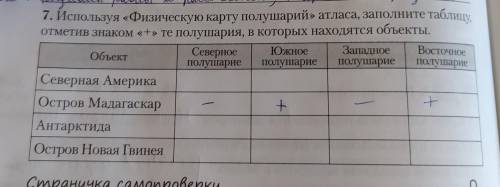 Используя Физическую карту полушарий атласа , заполните таблицу отметив знаком + те полушария , в ко