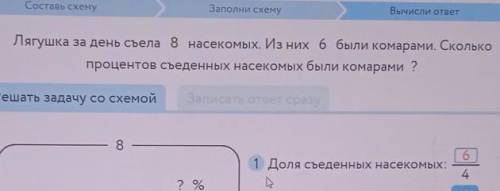 Лягушка за день съела 8 насекомых. Из них 6 были комарами. Сколько процентов съеденных насекомых был