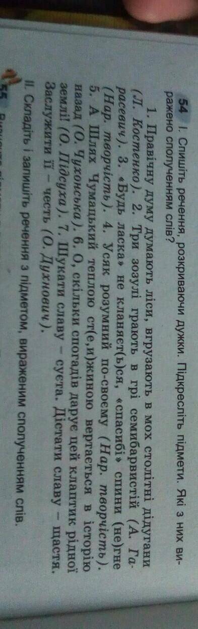 54 І. Спишіть речення, розкриваючи дужки. Підкресліть підмети. Які з них ви- ражено сполученням слів