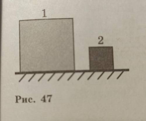 На рисунке 47 изображены два кубика одинаковой массы: один (1) из янтаря, другой (2) из меди. У како