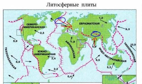 Используя карты атласа, определи, какие географические оьъекты расположены на границах литосферных п