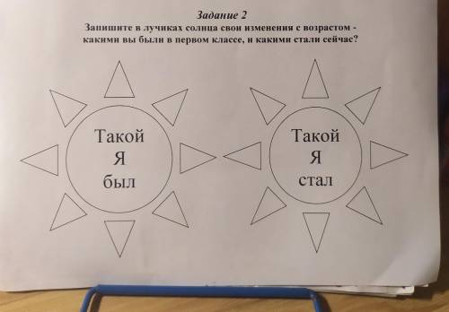 2 Запишите в лучиках солнца свои изменения с возрастом - какими вы были в первом классе, и какими ст