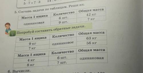 5. Составь задачи по таблицам. Реши их. Общая масса 42 кг 2 кг Количество 6 шт. 9 шт. Масса 1 ящика