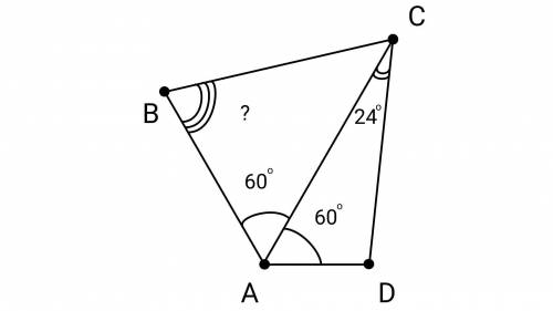 Про четырехугольник ABCD известно, что ∠BAC=∠CAD=60∘, AB+AD=AC. Также известно, что ∠ACD=24∘. Скольк