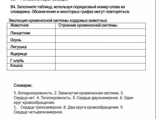 Заполните таблицу используя порядковый номер слова из словарика.обозначения в некоторых графах могут