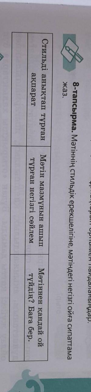 8-тапсырма. Мәтiннiн стильдік ерекшелiгiне, мәтiндегi негiзгi ойға сипаттама жаз. Стильдi аныктап ту