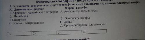 1. Установите соответствие между географическими объектами и древними платформами .