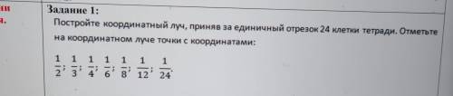 ни я. Задание 1: Постройте координатный луч, приняв за единичный отрезок 24 клетки тетради. Отметьте