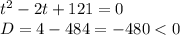 t^{2} -2t+121=0\\D=4-484= -480