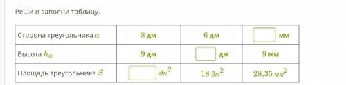 Реши и заполни таблицу.  Сторона треугольника a8 дм6 дм ммВысота ha9 дм дм9 ммПлощадь треугольника S