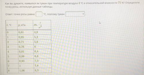 Как вы думаете, появится ли туман при температуре воздуха 4 °С и относительной влажности 75 %? Опред