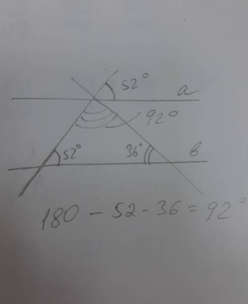 Прямые а и b параллельны. Найдите угол 3, если угол 1 равен 52°, а угол 2 равен 36°. ответ дайте в г