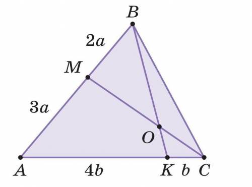 На сторонах  AB и  AC треугольника  ABC взяли точ- ки M и K так, что AM : BM = 3 : 2, AK : CK = 4 :