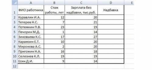 С Microsoft Excel найти решение следующей задачи: Работнику организации начисляют надбавку, если его