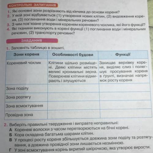 1. Заповніть таблицю в зошиті. зони кореня Особливості будови Функції Кореневий чохлик Клітини щільн