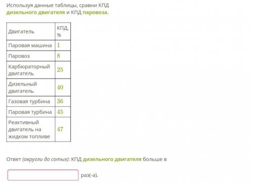 Используя данные таблицы, сравни КПД дизельного двигателя и КПД паровоза.