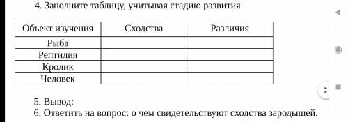 решить, таблицу, вывод и 6 вопрос, теблица:Выявить черты сходства зародышей человека и других позвон