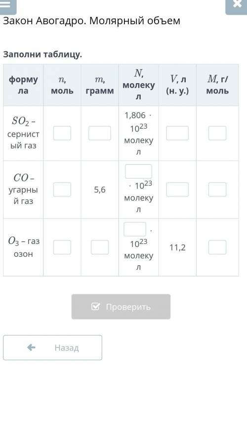 Заполни таблицу. формула n, моль m, грамм N, молекул V, л (н. у.) M, г/моль SO2 – сернистый газ 1,80